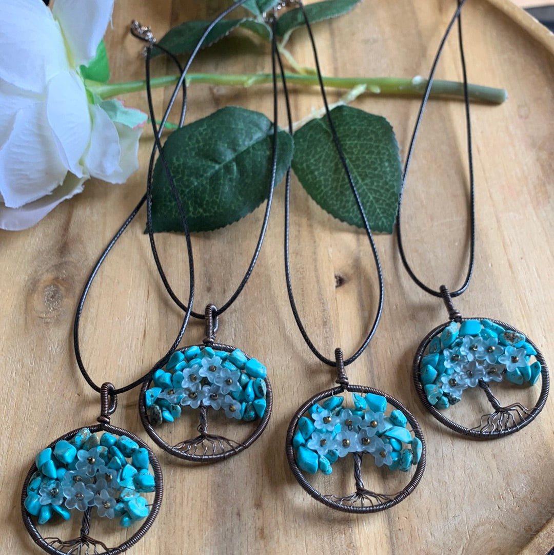 TURQUOISE TREE OF LIFE PENDANTS WITH FLOWERS