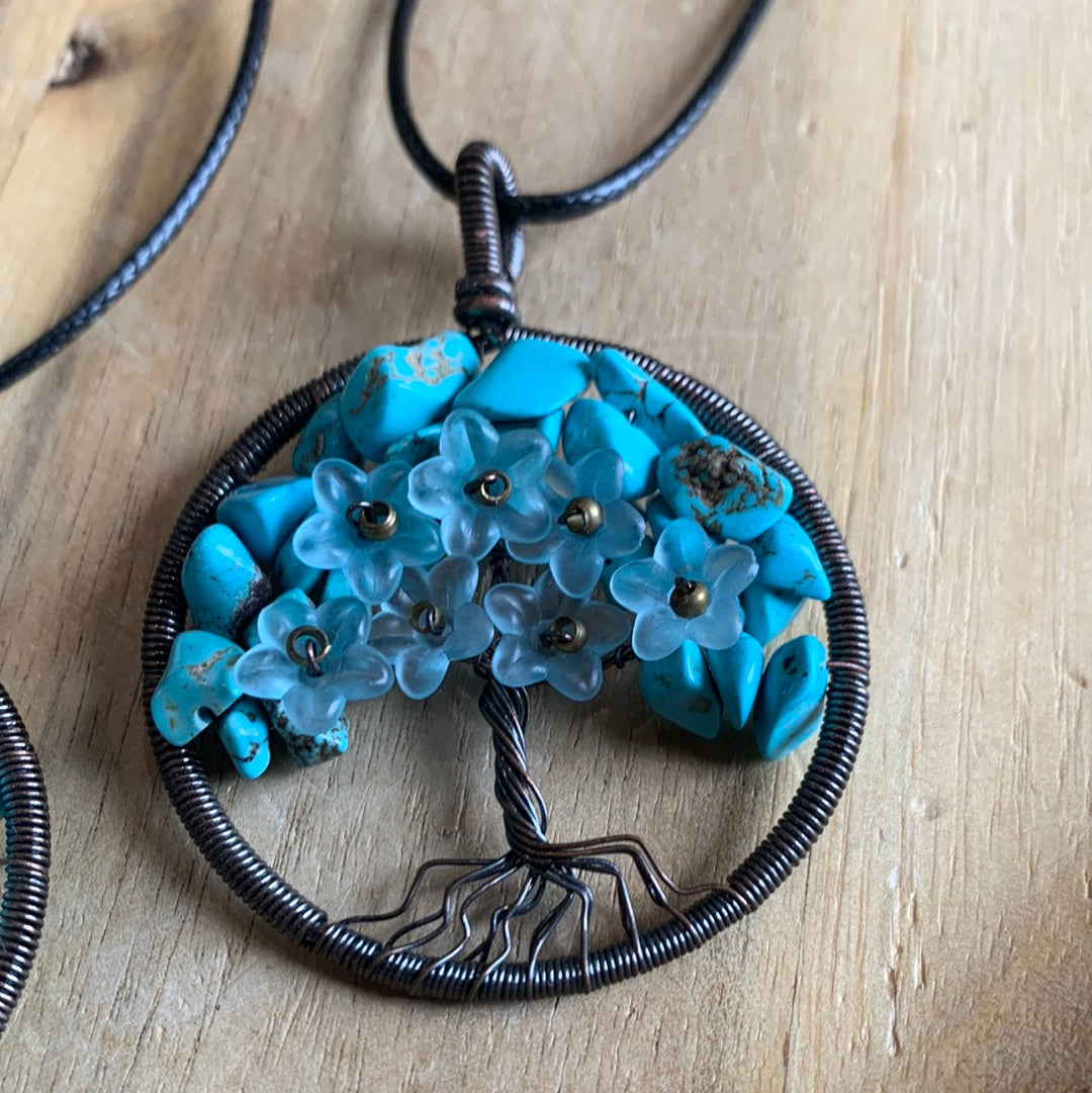 TURQUOISE TREE OF LIFE PENDANTS WITH FLOWERS