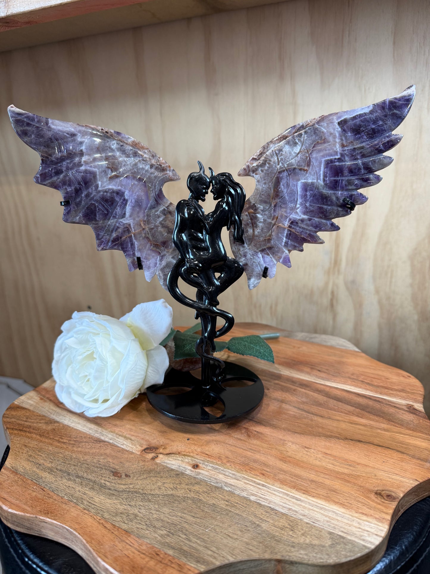 GORGEOUS CHEVRON AMETHYST ANGEL/DEMON WINGS ON A STAND