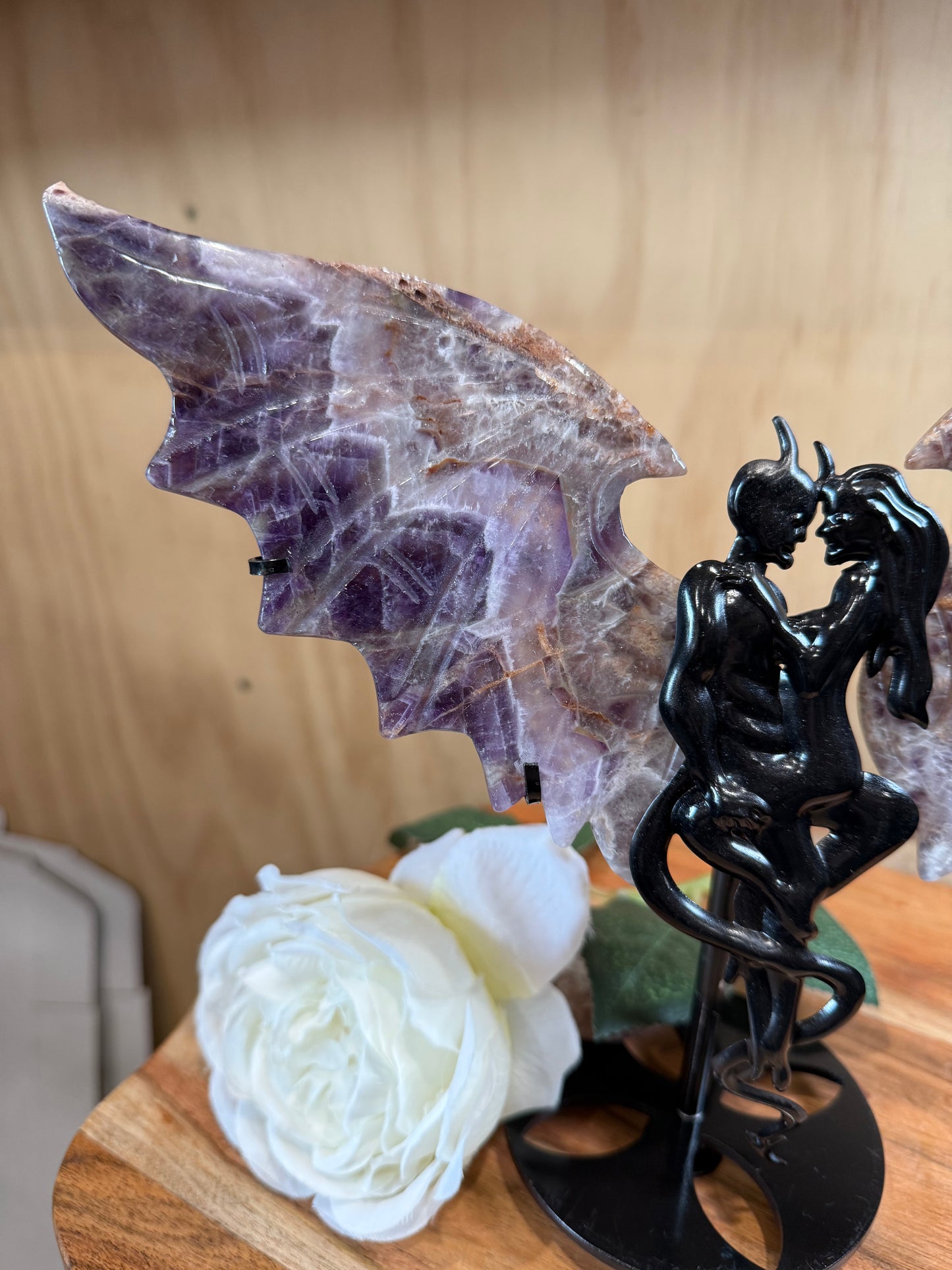 GORGEOUS CHEVRON AMETHYST ANGEL/DEMON WINGS ON A STAND