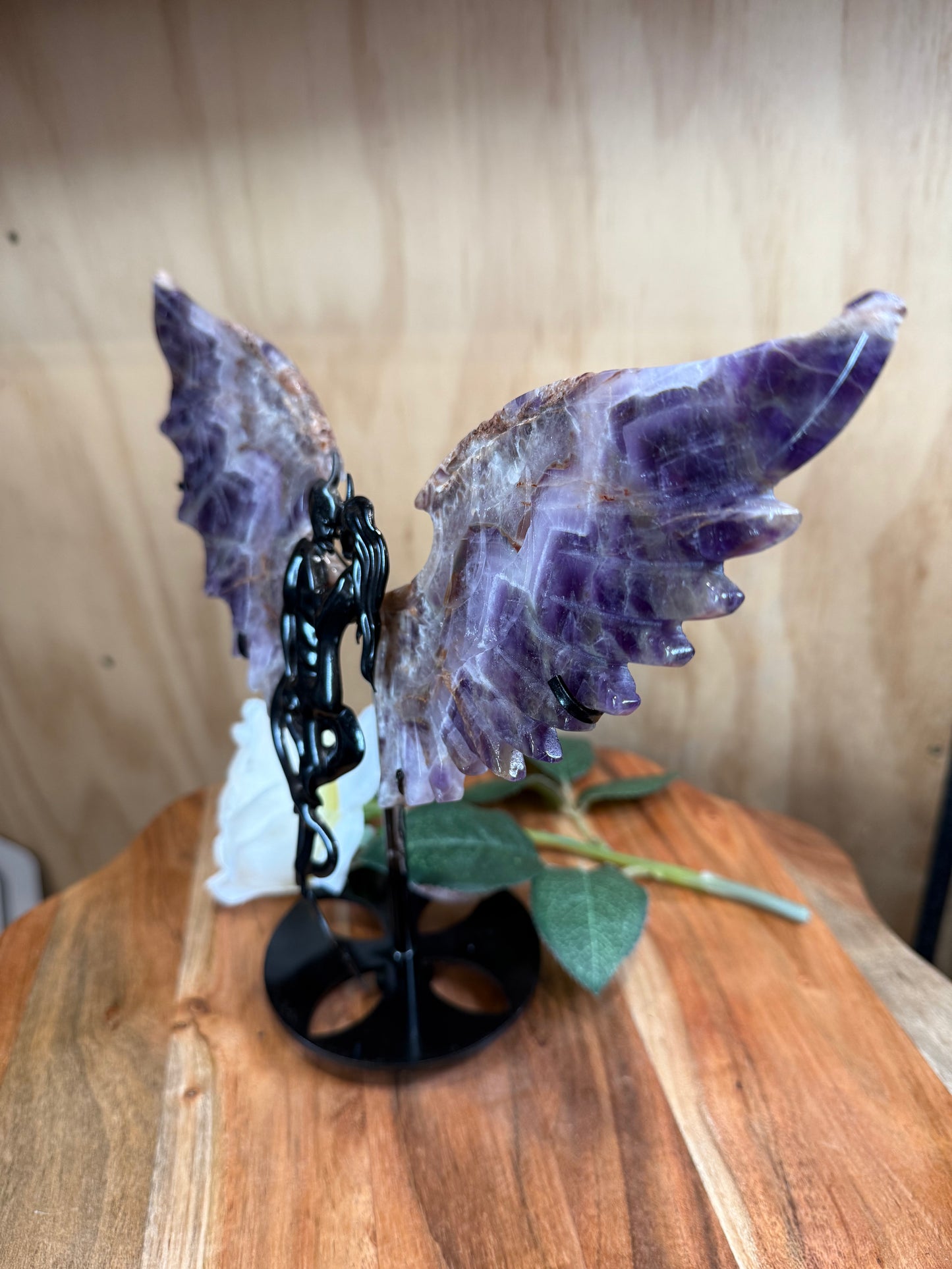 GORGEOUS CHEVRON AMETHYST ANGEL/DEMON WINGS ON A STAND