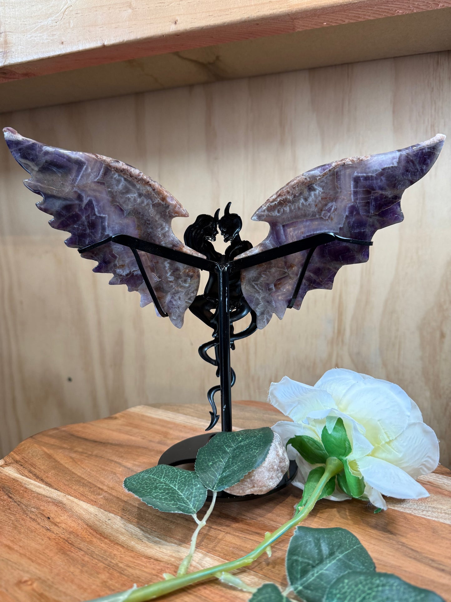 GORGEOUS CHEVRON AMETHYST ANGEL/DEMON WINGS ON A STAND