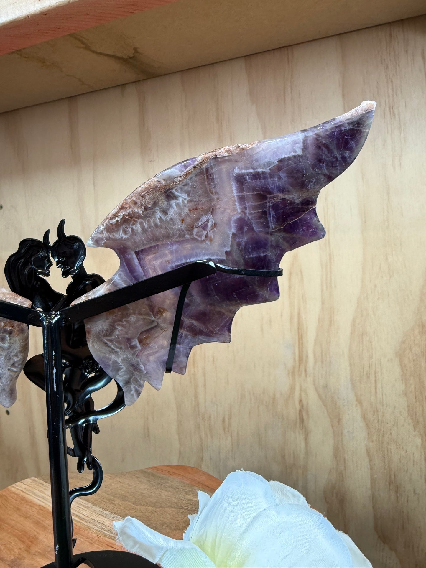 GORGEOUS CHEVRON AMETHYST ANGEL/DEMON WINGS ON A STAND