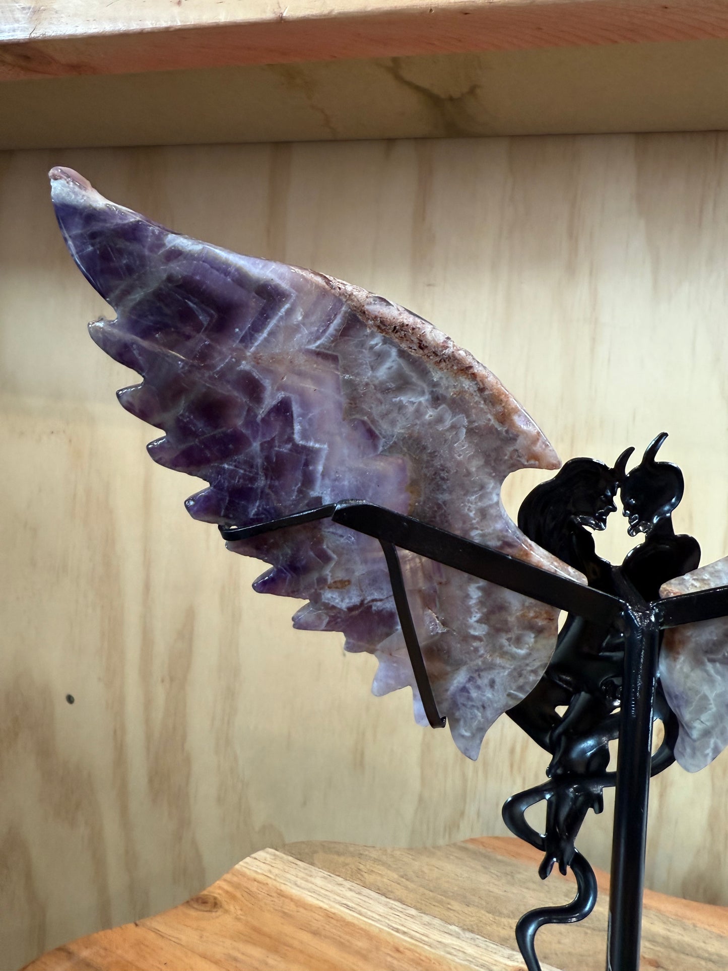 GORGEOUS CHEVRON AMETHYST ANGEL/DEMON WINGS ON A STAND