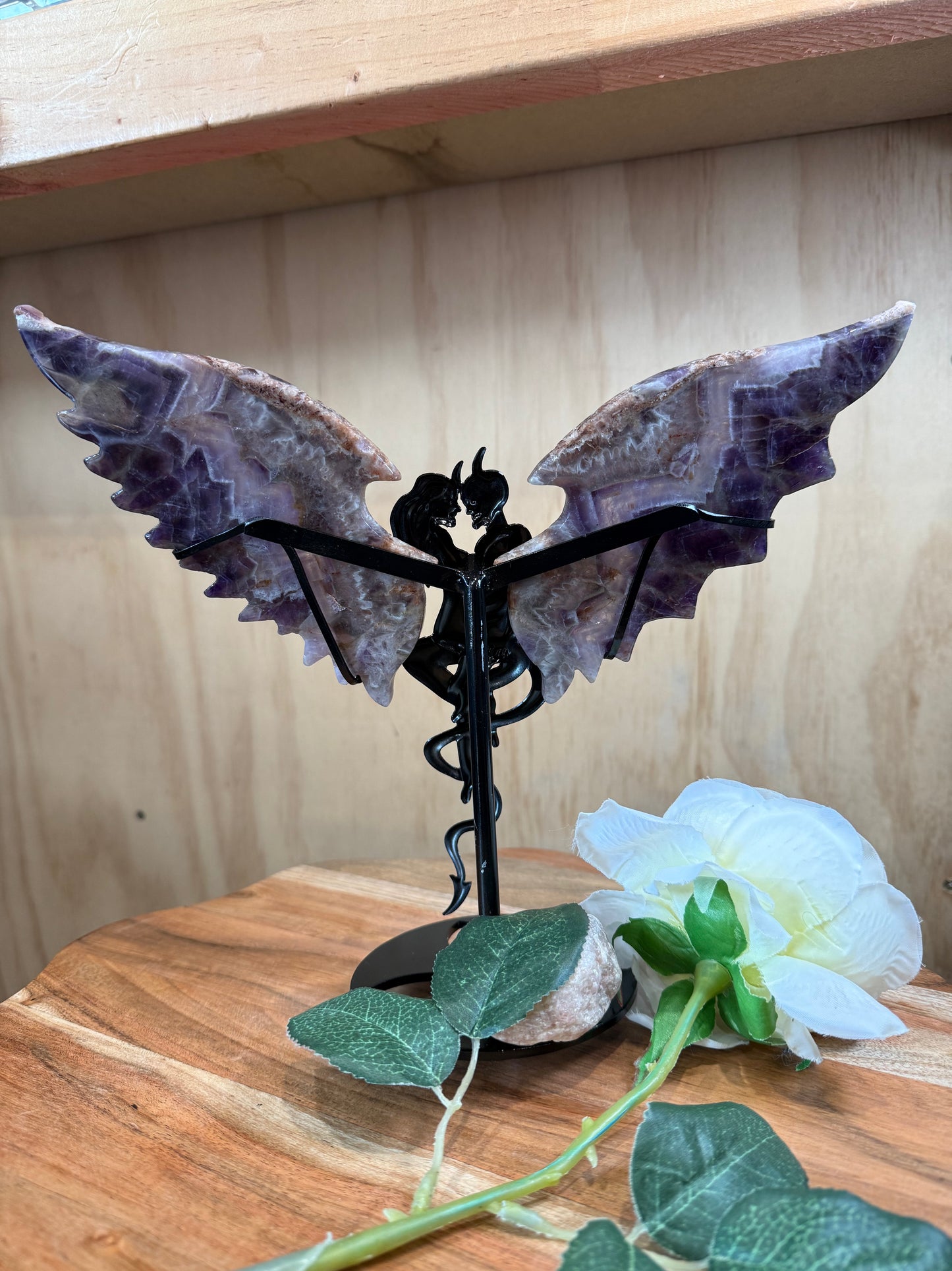 GORGEOUS CHEVRON AMETHYST ANGEL/DEMON WINGS ON A STAND