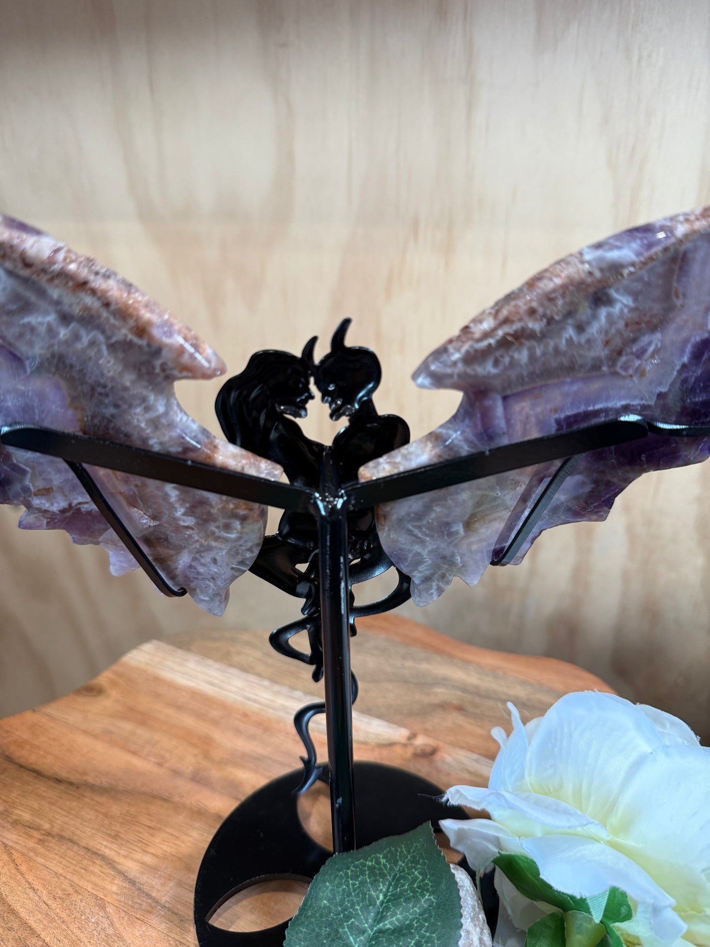 GORGEOUS CHEVRON AMETHYST ANGEL/DEMON WINGS ON A STAND