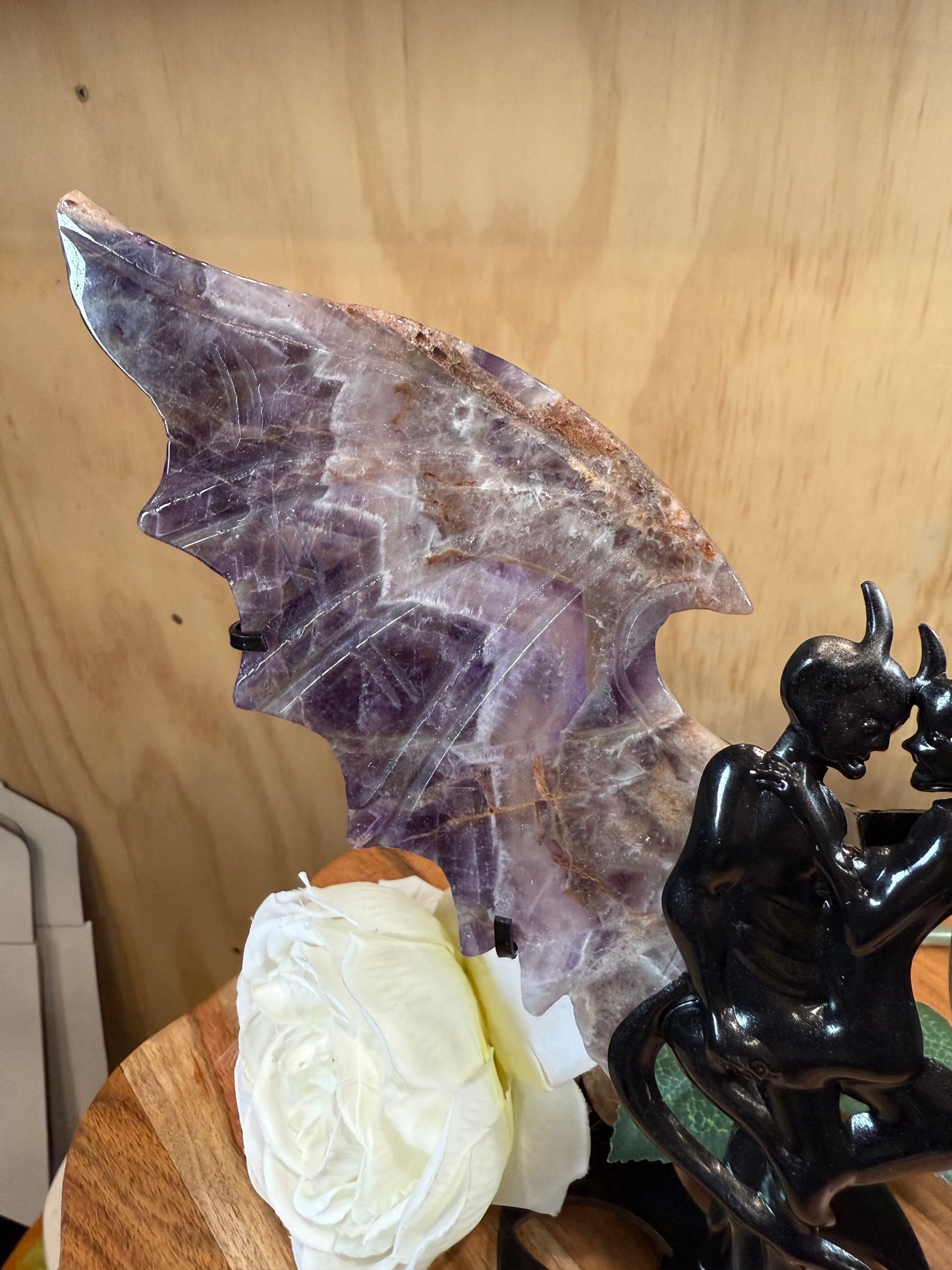GORGEOUS CHEVRON AMETHYST ANGEL/DEMON WINGS ON A STAND