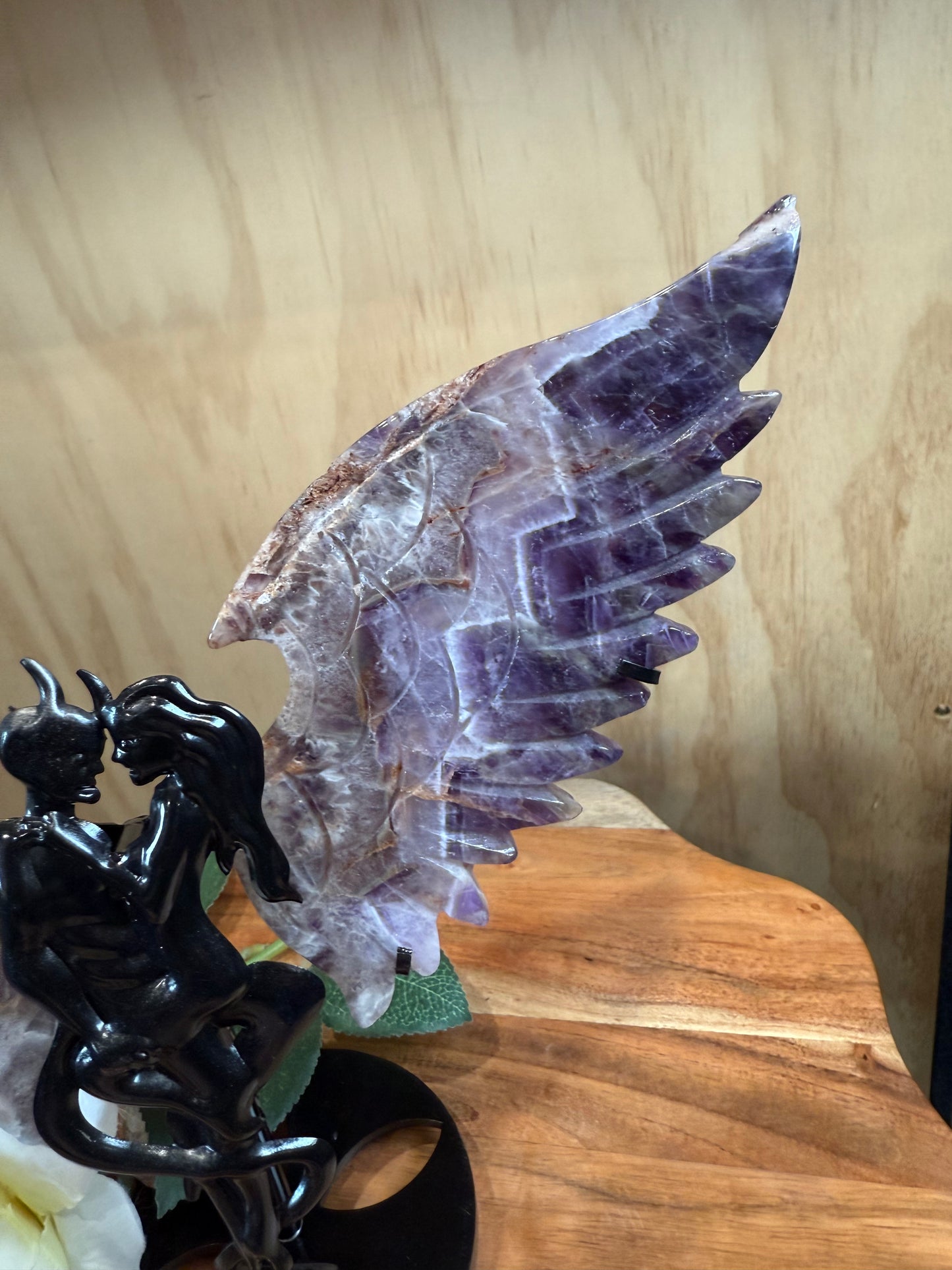 GORGEOUS CHEVRON AMETHYST ANGEL/DEMON WINGS ON A STAND