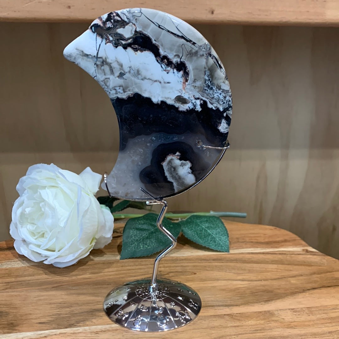 VOLCANO AGATE MOON ON SILVER ASTROLOGY STAND