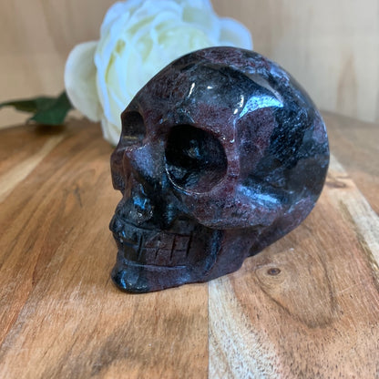 ASTROPHYLITE AND GARNET SKULL