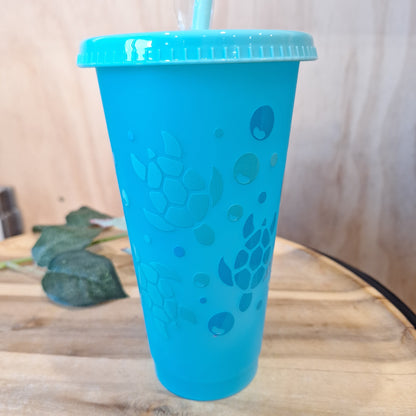 COLOUR CHANGING REUSABLE BPA FREE L CUP (24oz) WITH LID AND STRAW + SUBLIMATION WRAP