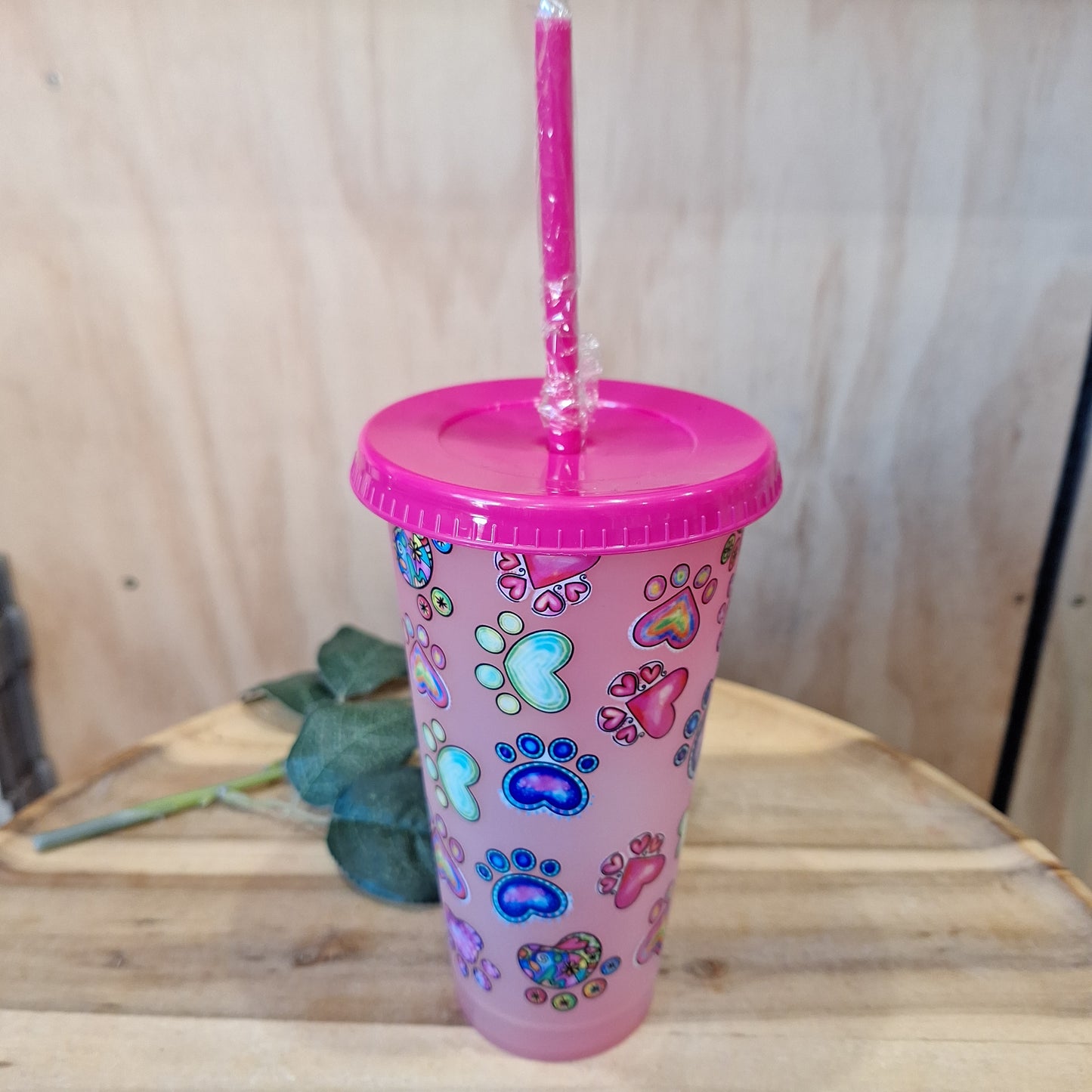 COLOUR CHANGING REUSABLE BPA FREE L CUP (24oz) WITH LID AND STRAW + SUBLIMATION WRAP
