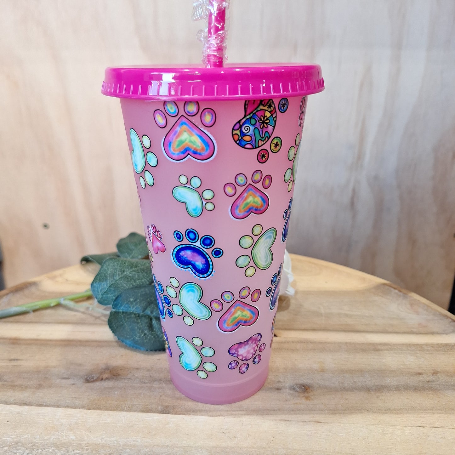 COLOUR CHANGING REUSABLE BPA FREE L CUP (24oz) WITH LID AND STRAW + SUBLIMATION WRAP
