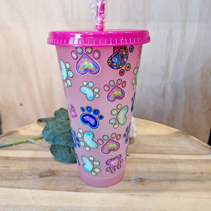 COLOUR CHANGING REUSABLE BPA FREE L CUP (24oz) WITH LID AND STRAW + SUBLIMATION WRAP
