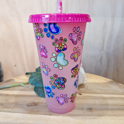 COLOUR CHANGING REUSABLE BPA FREE L CUP (24oz) WITH LID AND STRAW + SUBLIMATION WRAP