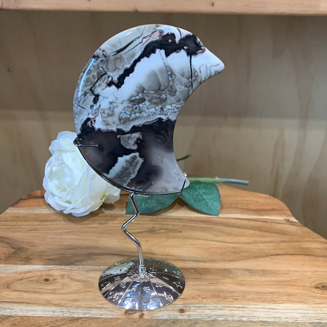 VOLCANO AGATE MOON ON SILVER ASTROLOGY STAND