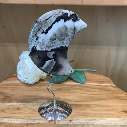 VOLCANO AGATE MOON ON SILVER ASTROLOGY STAND
