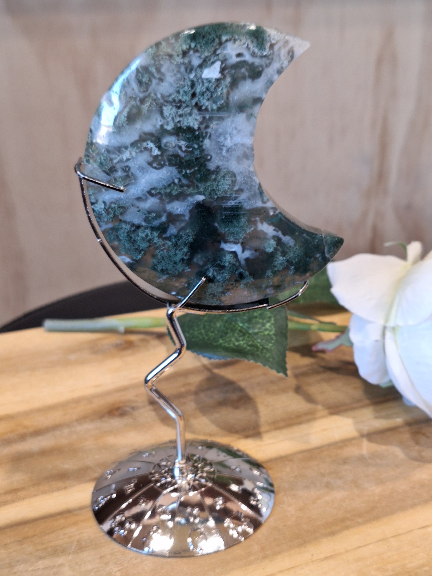 MOSS AGATE MOON INCLUDING STAND