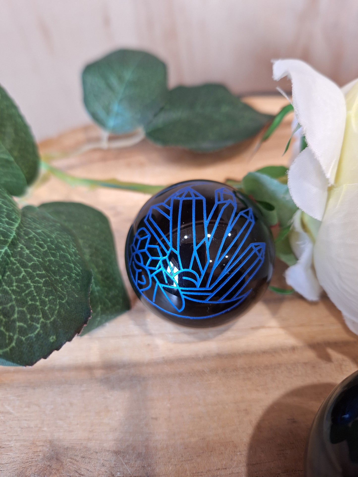 BLACK OBSIDIAN SPHERES WITH CRYSTAL MOON