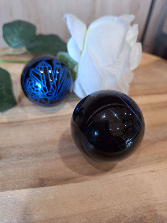 BLACK OBSIDIAN SPHERES WITH CRYSTAL MOON