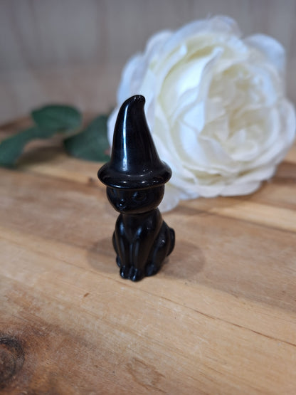 BLACK OBSIDIAN CAT IN A WITCHES HAT