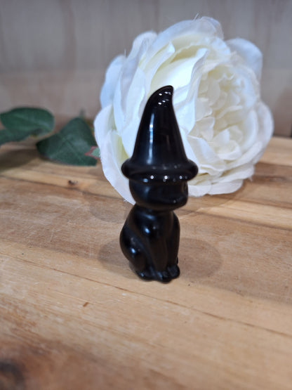 BLACK OBSIDIAN CAT IN A WITCHES HAT