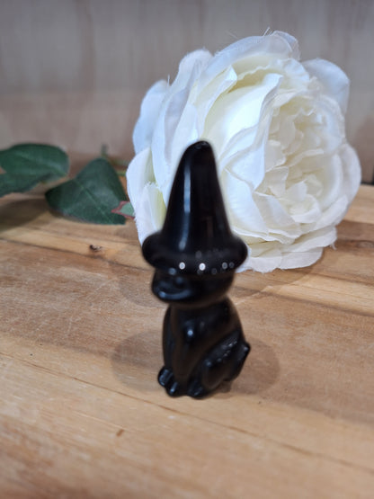 BLACK OBSIDIAN CAT IN A WITCHES HAT