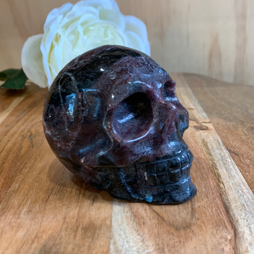 ASTROPHYLITE AND GARNET SKULL