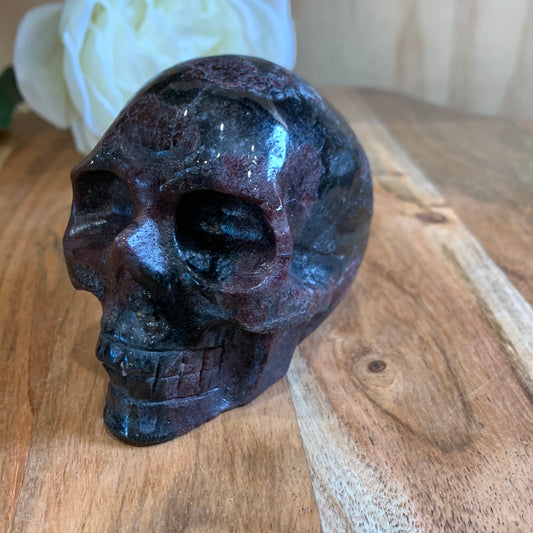 ASTROPHYLITE AND GARNET SKULL