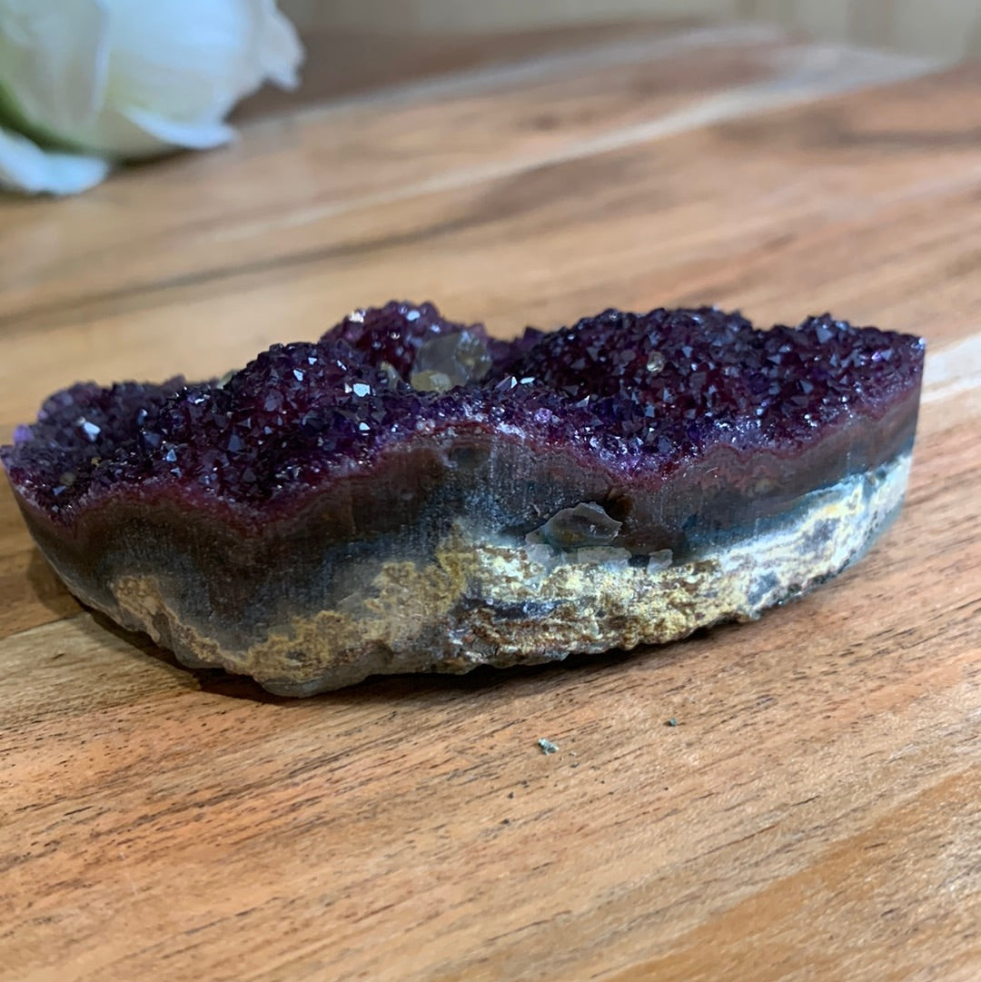 UNIQUE DARK PURPLE AMETHYST MOON WITH CALCITE POINTS