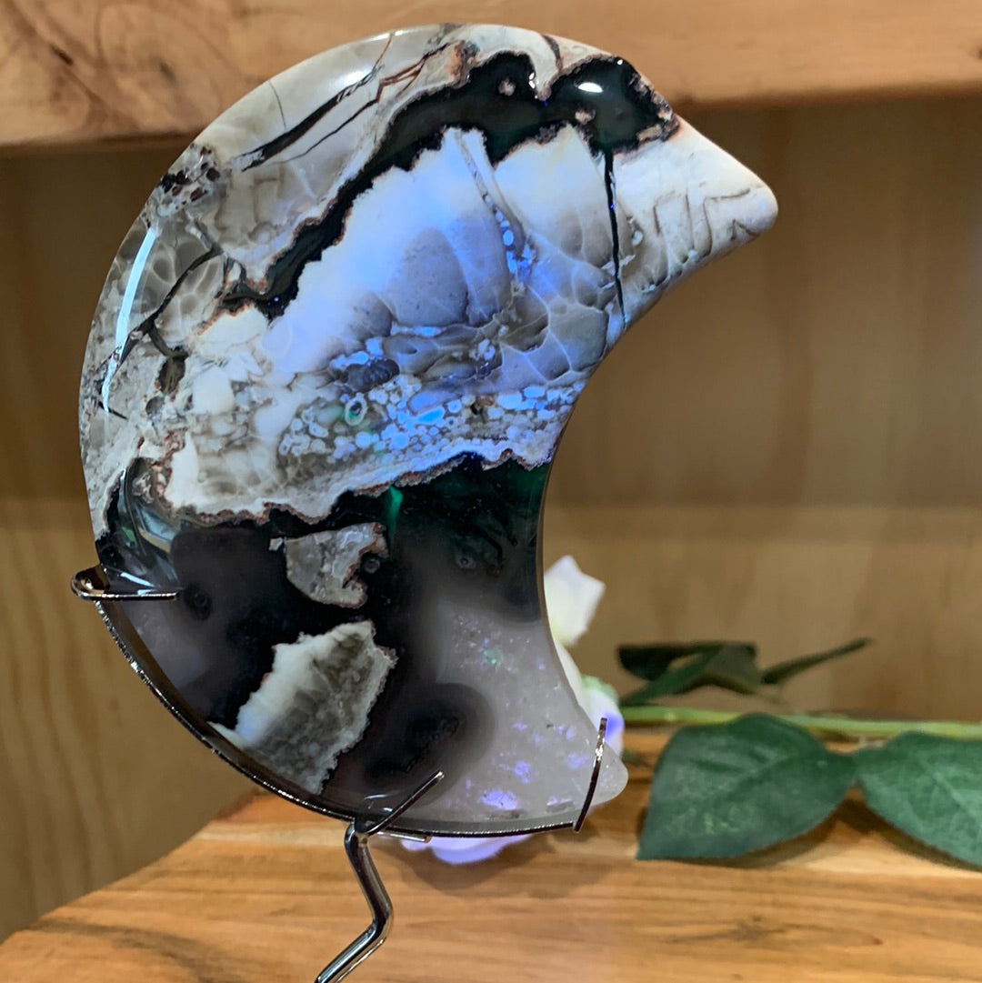 VOLCANO AGATE MOON ON SILVER ASTROLOGY STAND