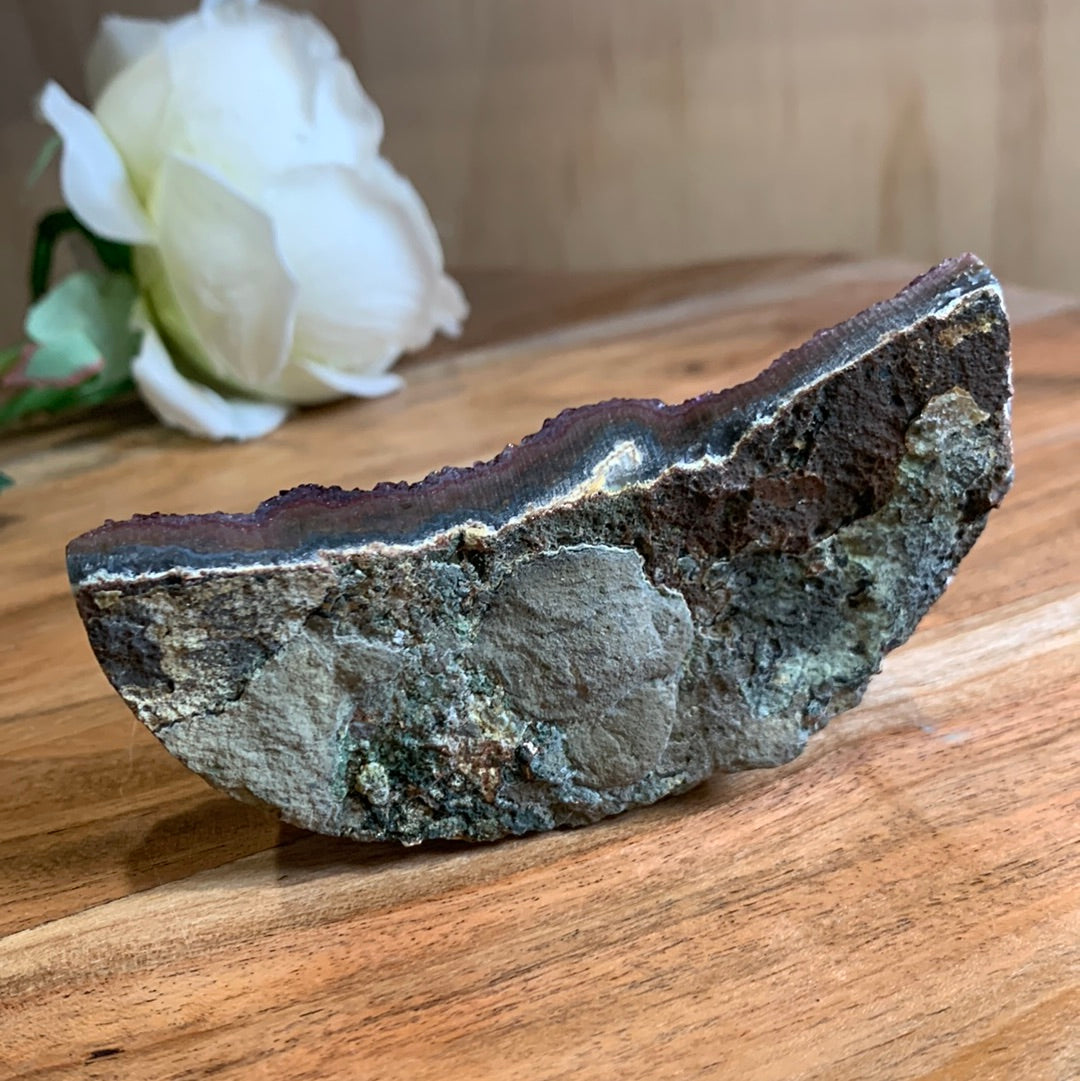UNIQUE DARK PURPLE AMETHYST MOON WITH CALCITE POINTS