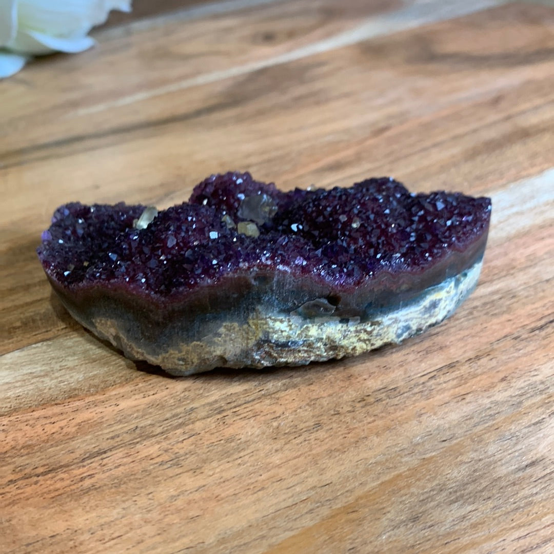 UNIQUE DARK PURPLE AMETHYST MOON WITH CALCITE POINTS