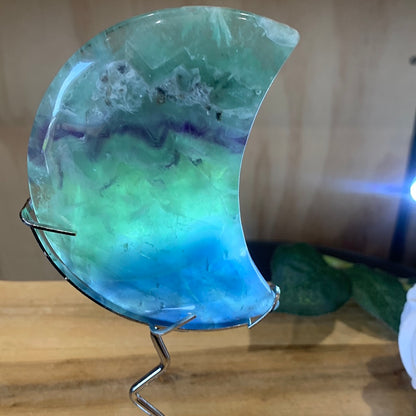 SNOWFLAKE FLUORITE MOON WITH STAND