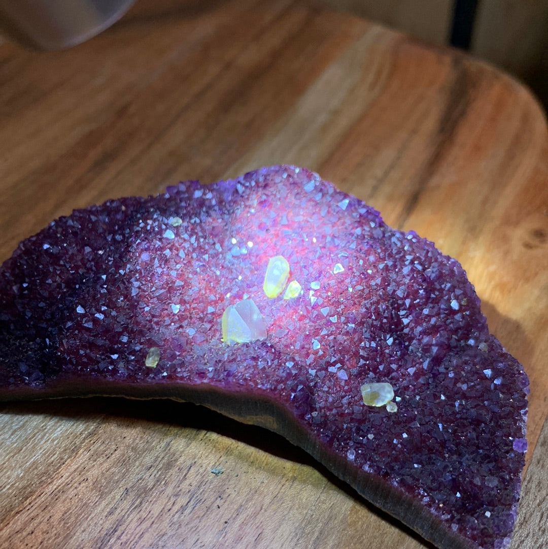 UNIQUE DARK PURPLE AMETHYST MOON WITH CALCITE POINTS