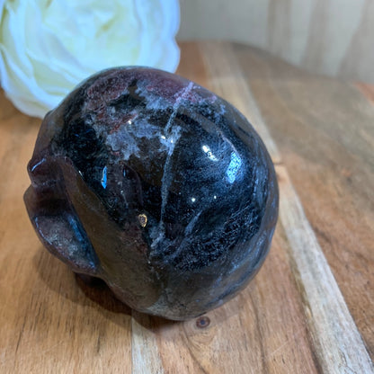 ASTROPHYLITE AND GARNET SKULL