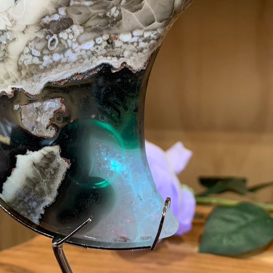 VOLCANO AGATE MOON ON SILVER ASTROLOGY STAND