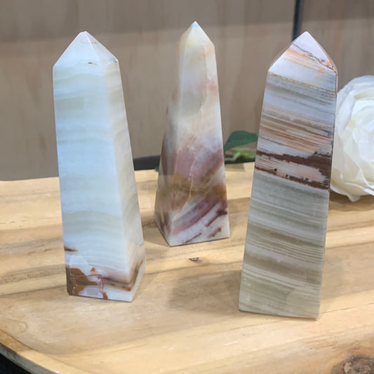 GREEN BANDED ONYX TOWERS