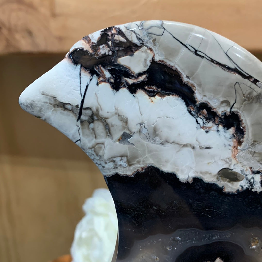 VOLCANO AGATE MOON ON SILVER ASTROLOGY STAND