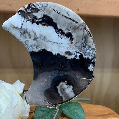 VOLCANO AGATE MOON ON SILVER ASTROLOGY STAND