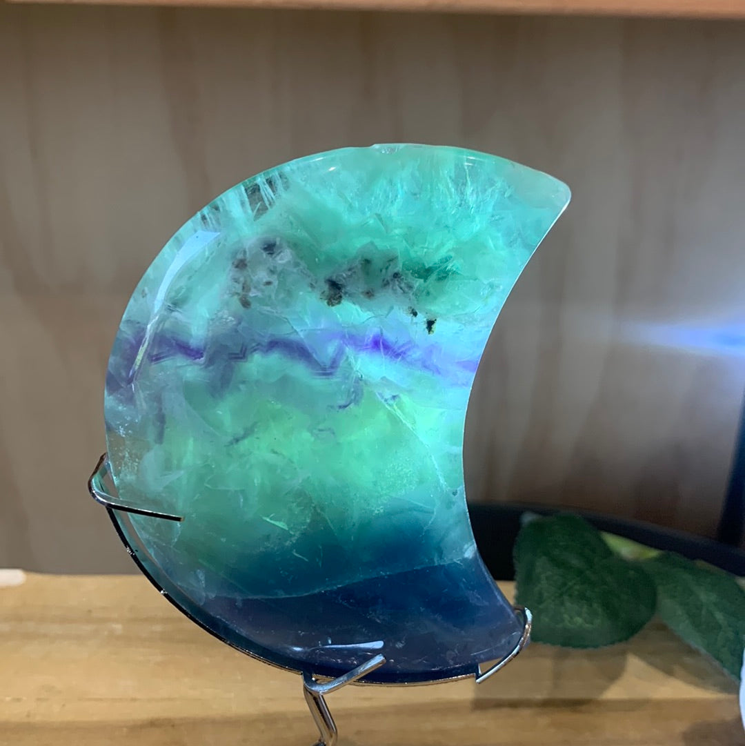 SNOWFLAKE FLUORITE MOON WITH STAND