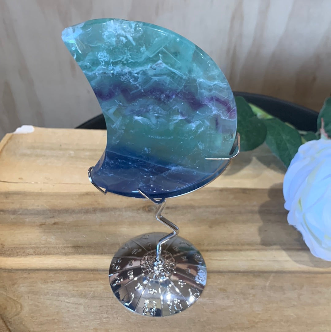 SNOWFLAKE FLUORITE MOON WITH STAND