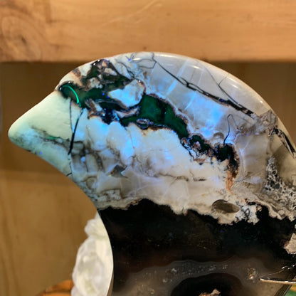 VOLCANO AGATE MOON ON SILVER ASTROLOGY STAND