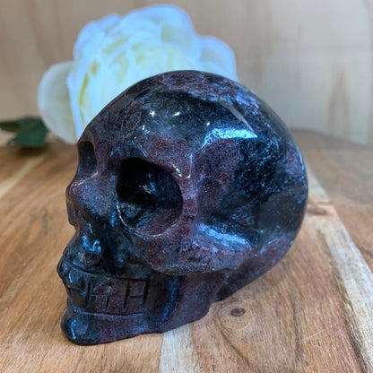 ASTROPHYLITE AND GARNET SKULL