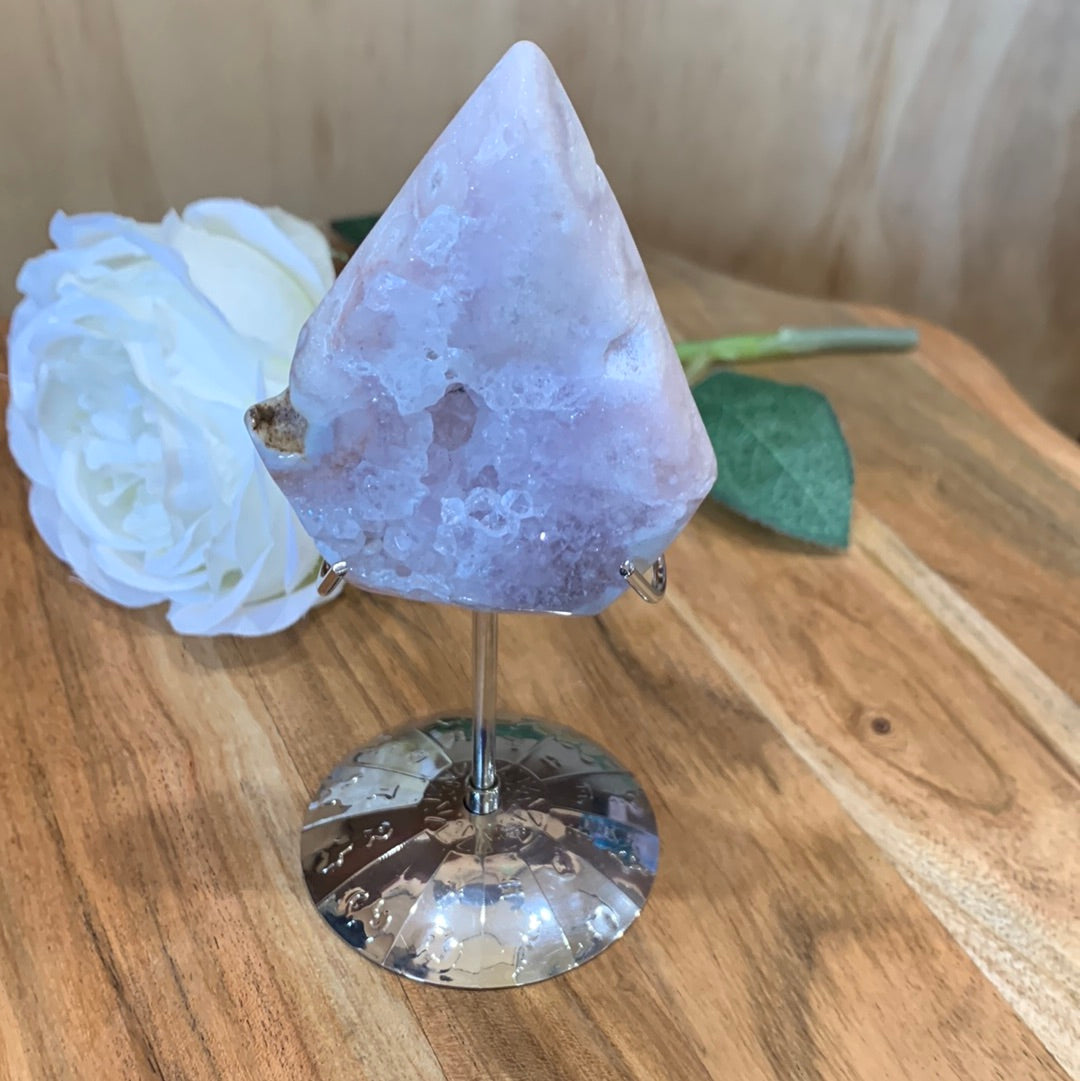 FLOWER AGATE WITH PINK AMETHYST DIAMOND & STAND