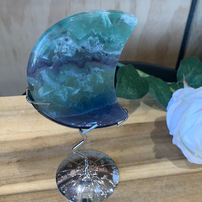 SNOWFLAKE FLUORITE MOON WITH STAND