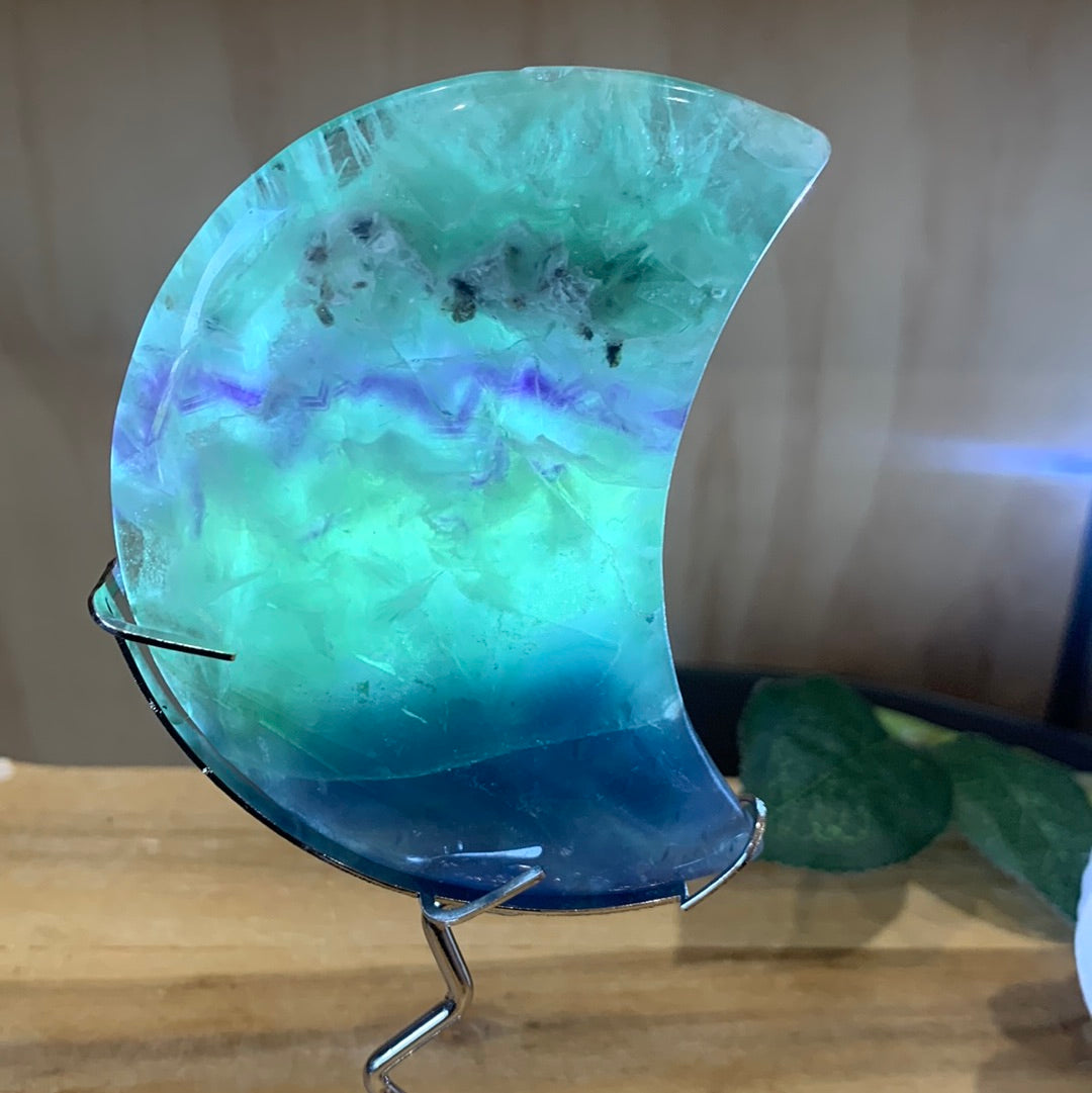 SNOWFLAKE FLUORITE MOON WITH STAND