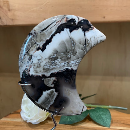 VOLCANO AGATE MOON ON SILVER ASTROLOGY STAND