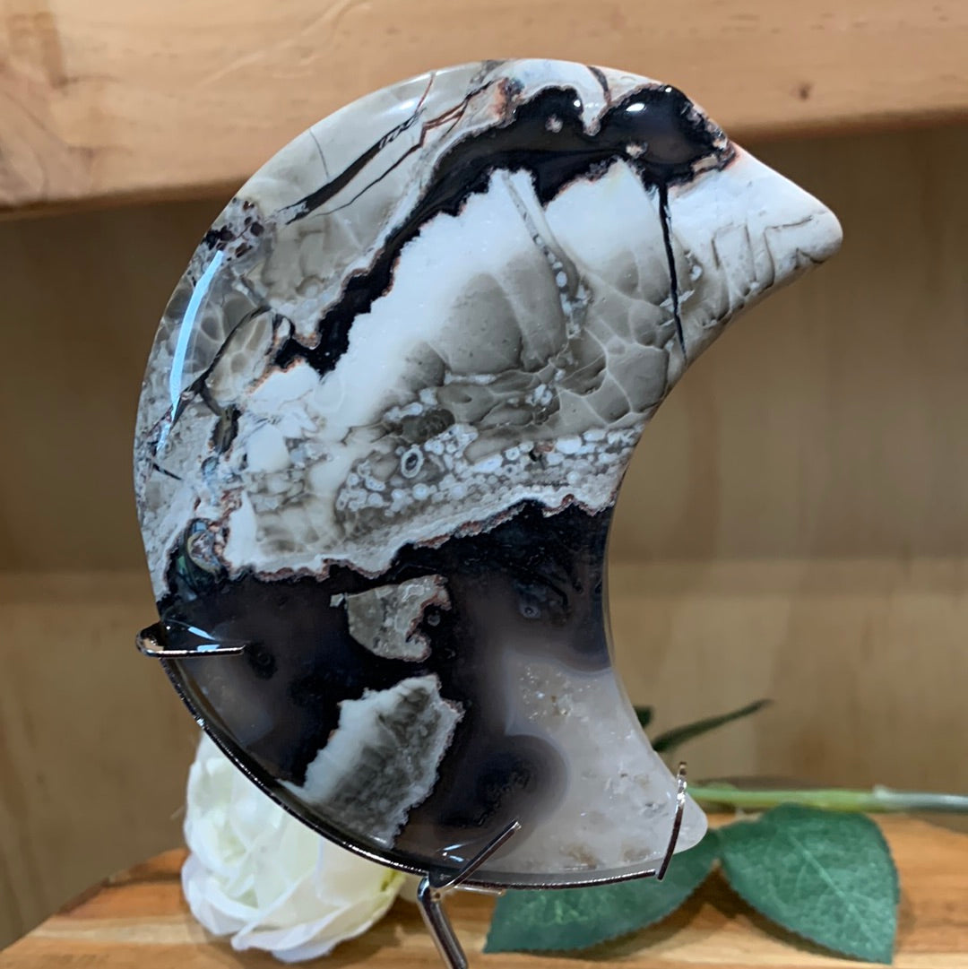 VOLCANO AGATE MOON ON SILVER ASTROLOGY STAND