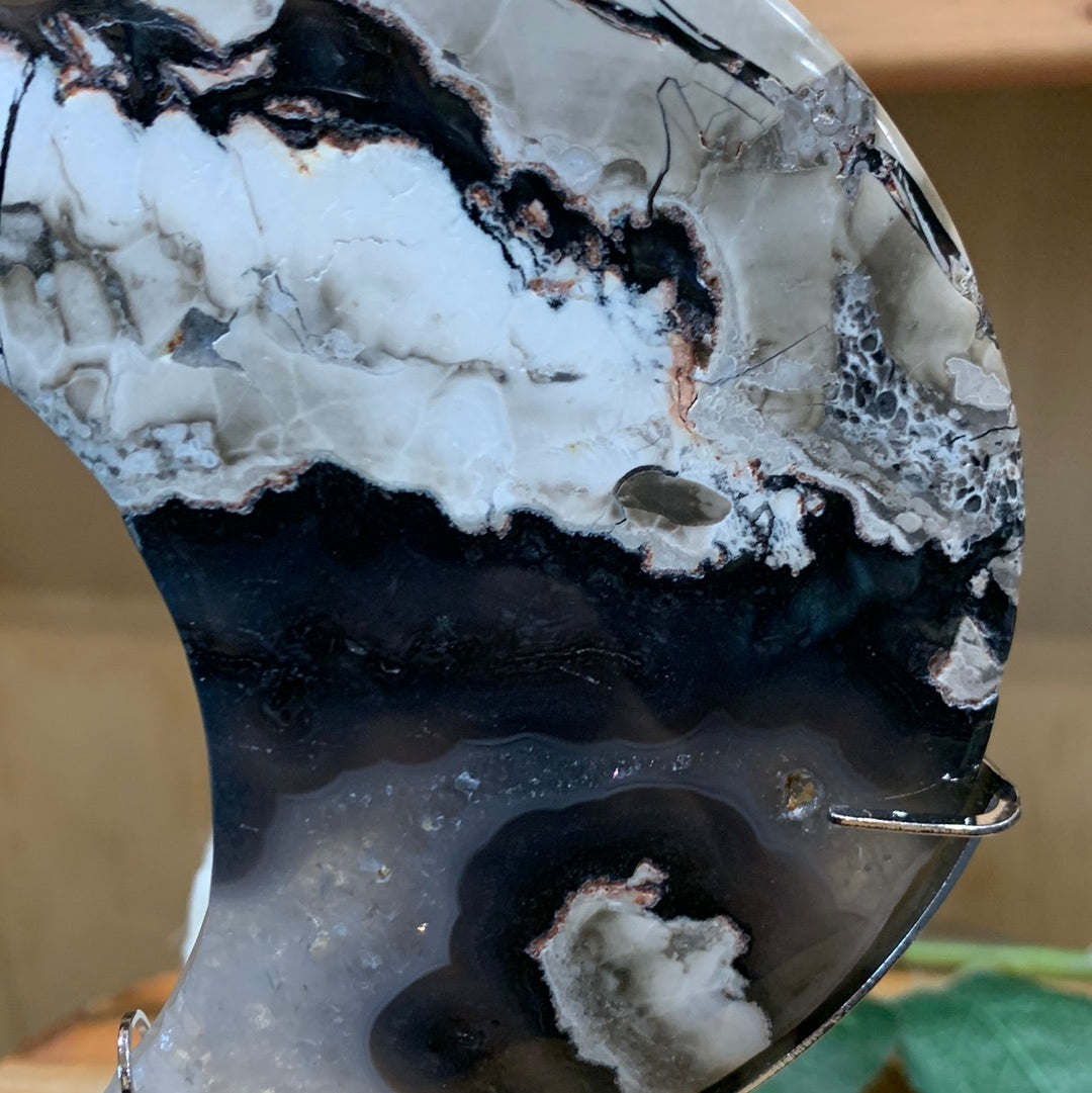 VOLCANO AGATE MOON ON SILVER ASTROLOGY STAND
